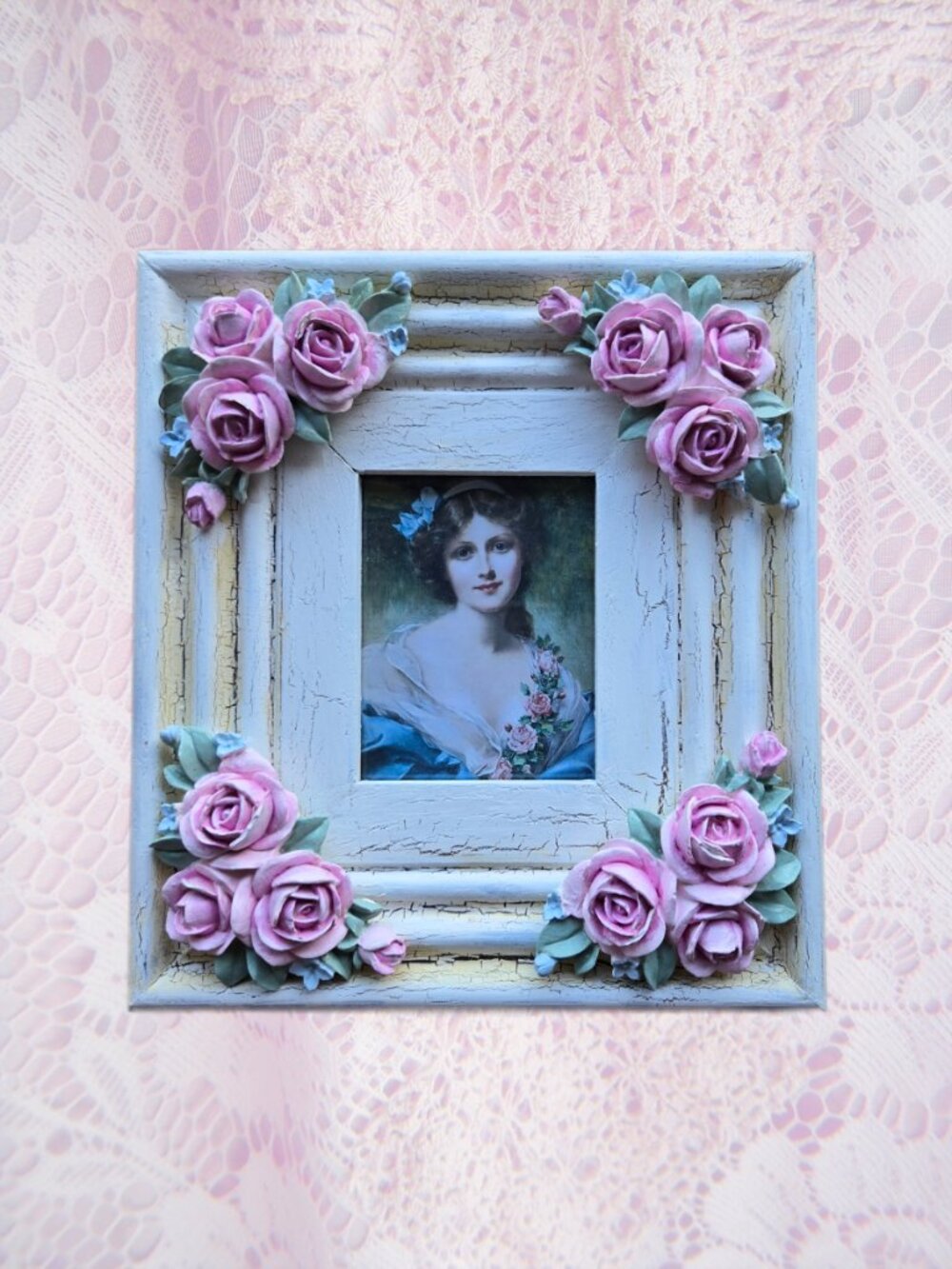 White Rose With Pink Roses Wall Picture Frame Romantic Cottagecore
